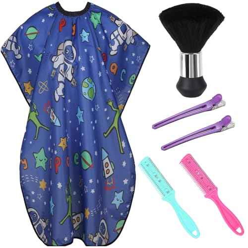 Cobahom Kids Hair Cutting Cape 47.3"¡¿31.5'' Professional Barber Cape Child Cartoon Hairdresser Apron with Adjustable Closure, Clips, Double Edge Razor,Neck Duster Brush (Spaceman, Alien)