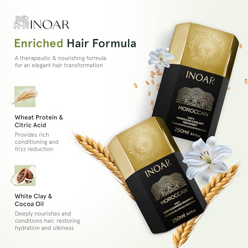 Inoar Moroccan Keratin Smoothing Treatment Set, Deep Cleansing Shampoo & Smoothing Treatment with White Clay & Cocoa Oil, 8.4 fl oz Each