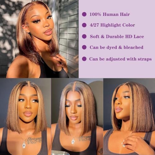 Bob Wigs Human Hair Highlight Ombre 13x4 Lace Front Wigs 4/27 Honey Blonde Glueless Wigs Pre Plucked with Baby Hair 180 Density Short Bob Wigs for Women 12 Inch