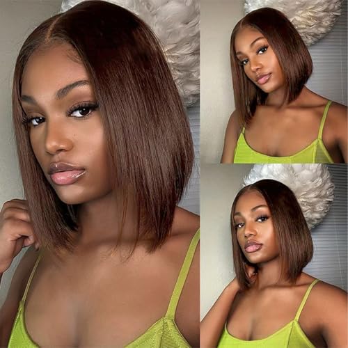 LICHANG Human Hair Wig Chocolate Brown Lace Front Bob Wigs Human Hair 200% Density 13x4 HD Transparent Lace Front Straight Short Bob Wigs for Women Wigs Baby Hair Natural Hairline 14 Inch
