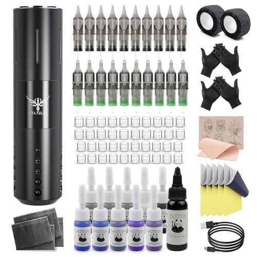 TATELF Tattoo Gun Kit Wireless Tattoo Machine Kit Cordless Tattoo Pen with 1800mAh Battery Power Supply 20pcs Tattoo Cartridges 11pcs inks Complete Set for Beginner