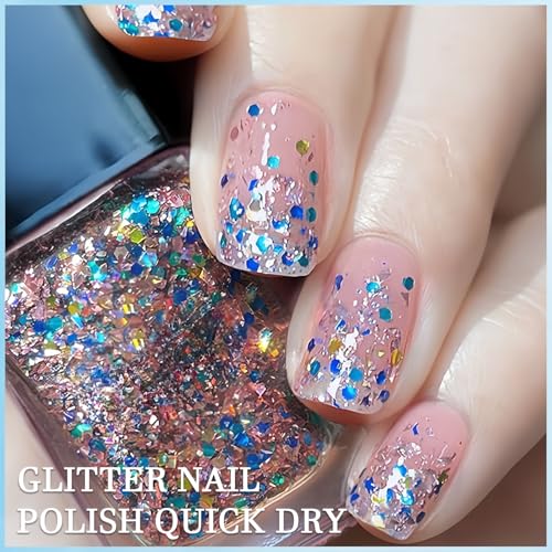 Confetti Nail Polish, Air Dry for Starter, Rainbow Glitter, Clear Colorful Reflective Gel Gift for Women Girls DIY at Home, 15ML