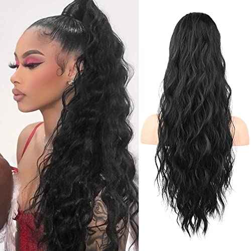 Flufymooz Ponytail Extension, 26 Inch Drawstring Ponytail Hair Extensions for Women£¬ Long Curly Wavy Pony Tail Natural Wavy Synthetic Hairpiece for Women Daily Use party ((26 Inch Natural Black)