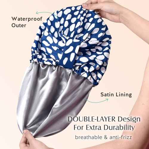 YFONG Reusable Shower Cap for Women, Waterproof & Durable Bath Cap with Double layer Lined, Adjustable Hair Cap for All Hair Lengths, Large Bathing Hat (blue)