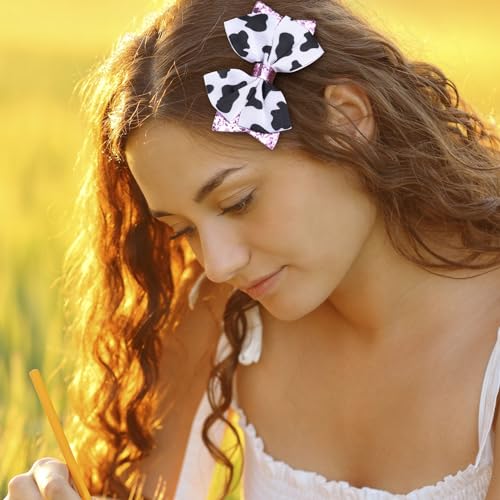 Cow Print Hair Bow Clips,2PCS Bow Hair Clips with Pink Grosgrain Ribbon,Cute Cow Print Clips Hair Accessories for Children Girls Birthday Party Decorat