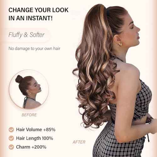 24 Inch Blonde Ponytail Extension, Clip on Ponytails for Women, Long Curly Ponytail Extensions for Women, Synthetic Layered Pony Tails Hair Extensions (Color: Dark Blonde With Beige Blonde Highlights)