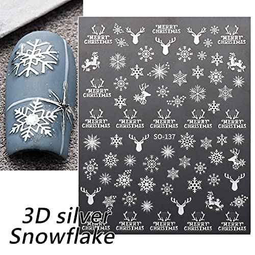 Christmas Nail Art Stickers Decals, White Sliver Snowflake Nail Decorations 3D Winter Christmas Xmas Snowmen Elk Trees Design Nail Stickers for Acrylic Nail Art Happy New Years Party Supplies 5Sheets