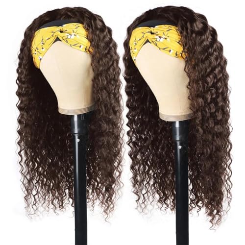 WENYAN Chocolate Brown Headband Wig Human Hair Deep Wave 18 Inch Curly Glueless Headband Wigs for Black Women None Lace Front Wigs Human Hair Brazilian Virgin Hair Wear and Go Wigs 150% Densitys
