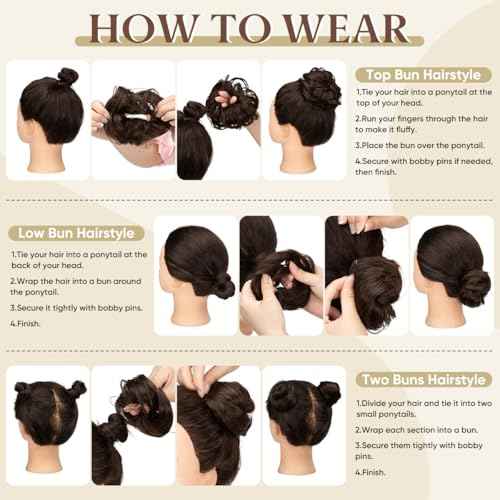 CJL HAIR 2PCs Small Cute Messy Bun Hair Piece for Thin Hair Women Mini Synthetic Curly Bun Scrunchies Updo Hairpieces Black
