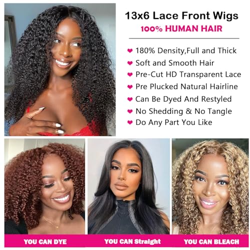 13x6 Lace Front Wigs Human Hair Glueless Wear and Go Kinky Curly Wig Pre Plucked Pre Cut HD Lace Frontal Wig with Baby Hair For Black Women 16 Inch Natural Color