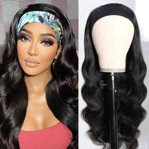 Headband Wig Human Hair for Women 20-Inch 180% Density Body Wave Headband Wigs Glueless Human Hair Wig(Body Wave, Natural Black)