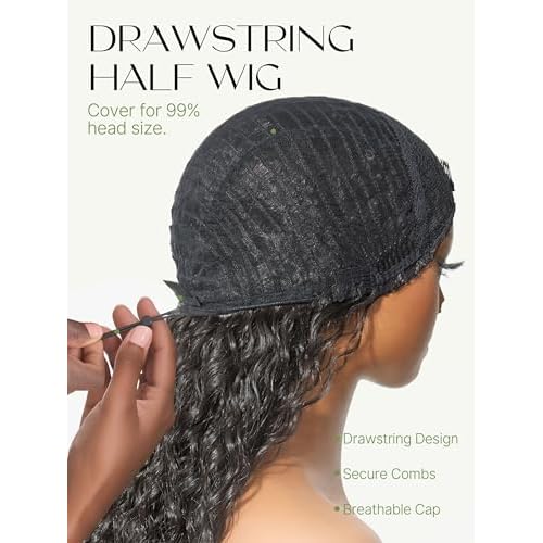 Frodio Curly Half Wig 26 Inches Veralux¢â Fiber Blend Human Hair 3 in 1 Shaggy Waves Flip Over Drawstring Wig 200% Density Glueless Wigs Natural Black Ready to Go Headband Wig for Women