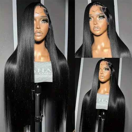 Synthetic Lace Front Wig, 13x6 Lace Frontal Wigs Human Hair Touch Pre-Plucked Long Straight Glueless 1B Black Wig 30 inch Vogue Highlight Technology-Premium Fiber & Human Hair Blended