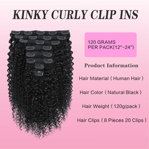 Kinky Curly Clip in Hair Extensions for Women 3C 4A Kinky Curly Clip ins 10A Brazilian Virgin Human Hair Extensions 16pcs 240g/set 18 Inch Natural Black