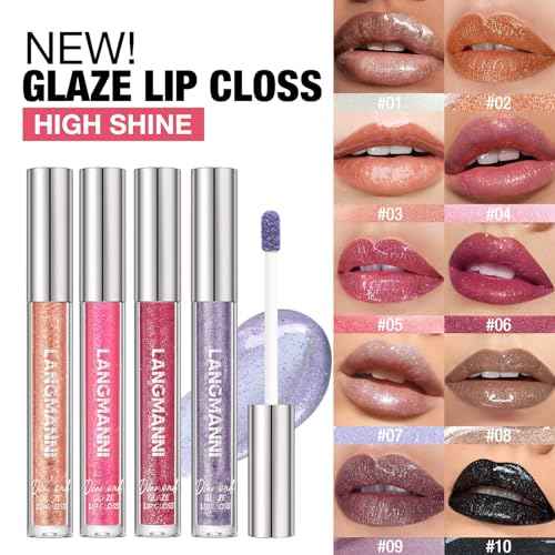 LANGMANNI 10 Colors Diamond Glitter Lip Gloss Set,Long Lasting High Shine Shimmer Liquid Lipstick Set,Hydrating,Moisturizing Lip Gloss Kit Gift Makeup For Girls