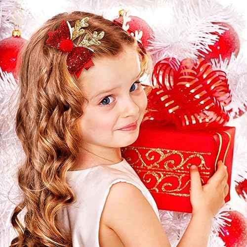Christmas Hair Clips Glitter Christmas Antler Hairpins Cute Christmas Bow Hair Clips Gold Red Christmas Reindeer Antlers Headband Hairpins Elk Bow Hair Accessories for Women Girls Party Costume 4PCS