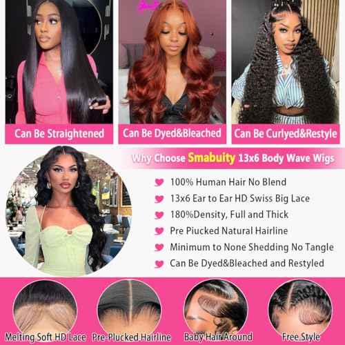 13x6 Body Wave Lace Front Wigs Human Hair Pre Plucked, 180% Density HD Transparent Glueless Lace Frontal Wigs with Baby Hair for Women, 26 Inch