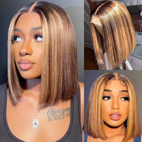 16 Inch Omber Bob Wig Human Hair 13x4 HD Transparent Lace Front Wigs 180 Density Straight 4/27 Highlight Wig Short Bob Wig Human Hair
