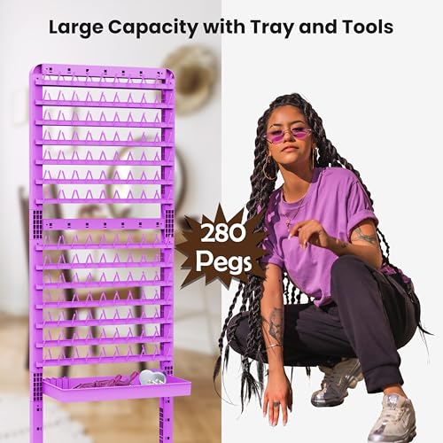 Braiding Hair Rack 280 Pegs with Tray and Braid Tools, Mobile Braid Rack with Wheels, Height Adjustable, Standing Braider Rack Stand Separator Hair Extension Holder Hanger for Salon Home