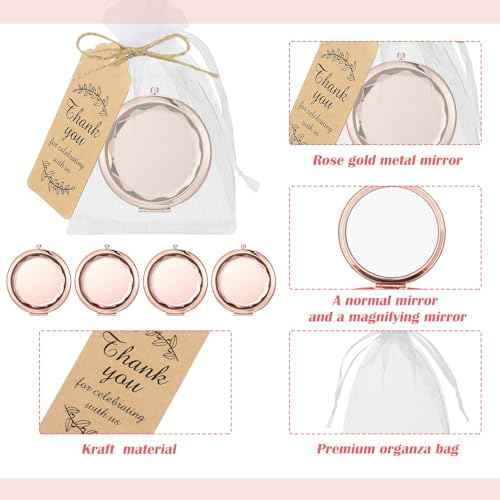 Barydat 24 Set Rose Gold Compact Mirrors Bulk Crystal Compact Makeup Double Sided Pocket Mirrors for Women Bridesmaids Wedding Gift for Bridal Shower Party Favors Christmas Party Gifts