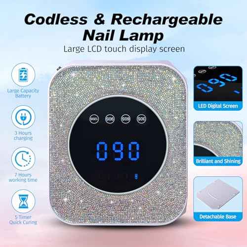 Belovedone UV Light for Gel Nails 72W Cordless LED Nail Lamp Gel Polish Dryer 4 Timer Modes Rechargeable Bling Silver Diamond Rhinestones for Salon & Home