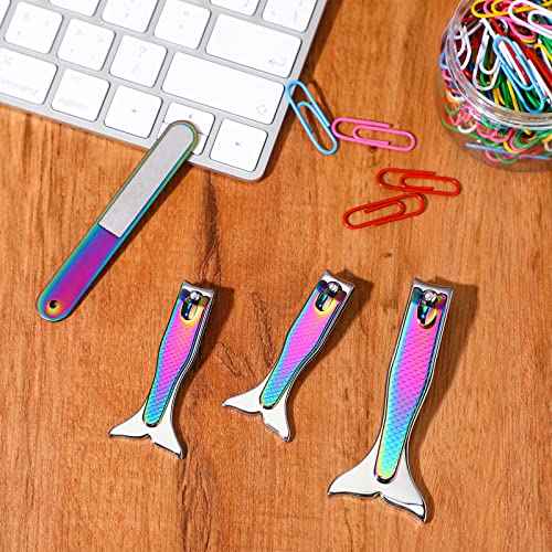 Honoson 4 Pieces Mermaid Nail Clipper Set Stainless Steel Nail Cutter Cute Mermaid Clippers Sturdy Fingernails and Toenail Cutter File Birthday Stocking Stuffers Christmas Gifts for Women