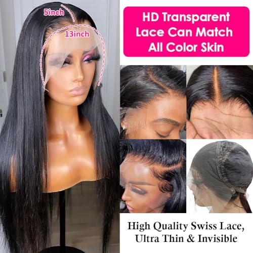 Subella 12A HD Lace Front Wigs Human Hair Pre Plucked Hairline with Baby Hair 180 Density 13x5 Brazilian Straight Human Hair Wigs for Black Women Natural Black Color (14inch)
