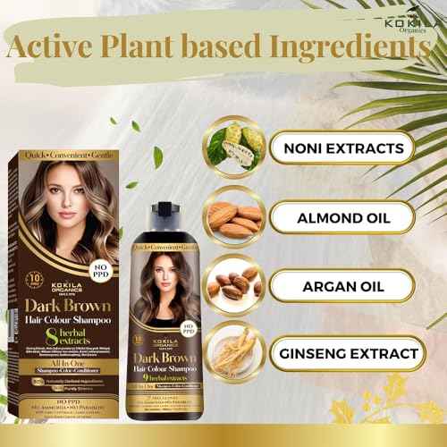 Kokila NO PPD Shampoo Hair Colour - Dark Brown 400ml for Women and Men | Natural Extracts | Colours Hair in 10 Minutes | Ammonia Free, Paraben Free - 10 Pair Free Gloves