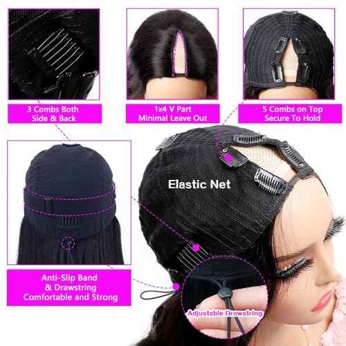 V Part Wigs Body Wave Brazilian Virgin Human Hair Wigs For Black Women Upgrade U Part Glueless Wigs Full Head Clip In Half Wig V Shape Wigs No Leave Out Lace Front Wigs 180% Density 14Inch