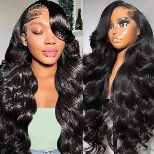 13x6 Lace Front Wigs Human Hair 200 Density Full Real Virgin Human Hair Wig Invisilbe Hairline Tiny Knots Body Wave HD Lace Frontal Wigs Pre Plucked Natural Black 20 Inch