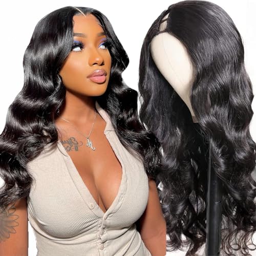 U Part Human Hair Wig Body Wave for Women Brazilian Remy Upart Human Hair Wig Beginner Friendly No Sew in NO Glue Half Wig 180% Density Natural Color 20Inch