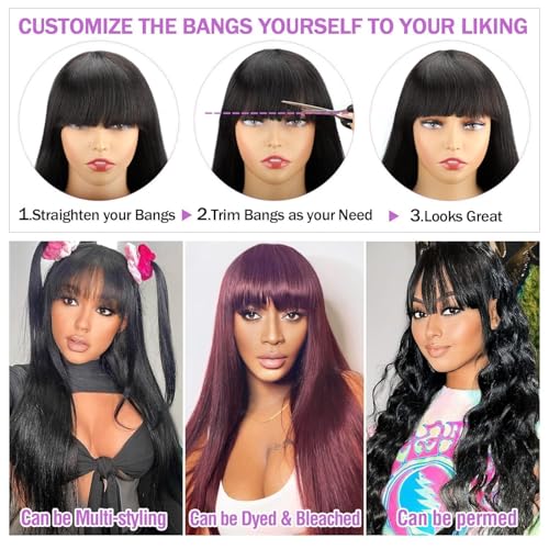 ROSELINE Glueless Wigs Human Hair with Bangs Straight Human Hair Wig with Bangs 150% Density None Lace Front Wigs for Black Women 20inch
