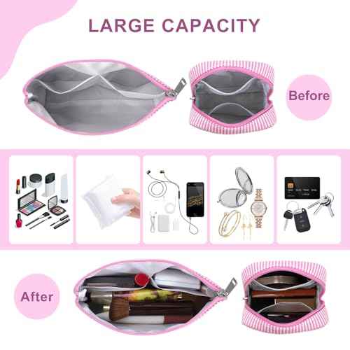 Breteil 2PCS Small Makeup Bag for Purse Cute Make up Bag with Mini Cosmetic Bag with Slip-in Pockets Candy Stripes Makeup Pouch Gifts for Women - Pink