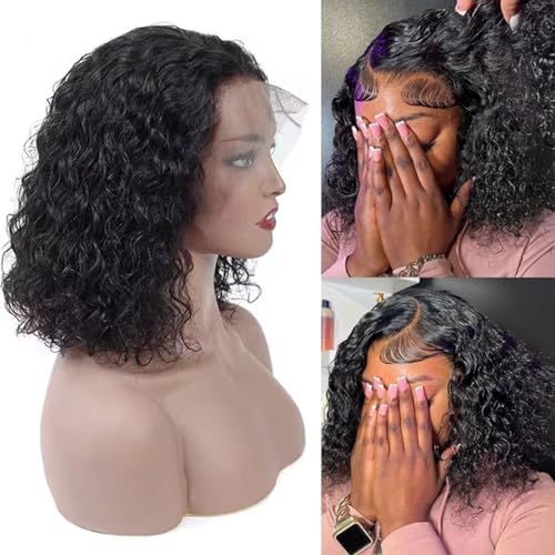 HD Transparent Deep Wave Lace Front Wigs 13X4 Deep Wave Bob Lace Wig Pre Plucked Brazilian Virgin Glueless Human Hair Wig for Black Women Natural Color 250% Density 12 Inch¡¦