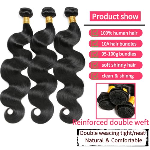 Body Wave Bundles Human Hair 16 18 20 Inch Brazilian Body Wave Human Hair 3 Bundles Natural Black Virgin Human Hair Extensions Unprocessed Wavy for Women