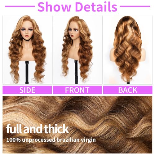 250% Density Honey Blonde Lace Front Wigs Human Hair Highlight Lace Front Wig Human Hair 13x6 Lace Front Wigs Ombre Body Wave Lace frente pelucas pelo humano (Glueless 13X6 Highlight, 24 Inch)