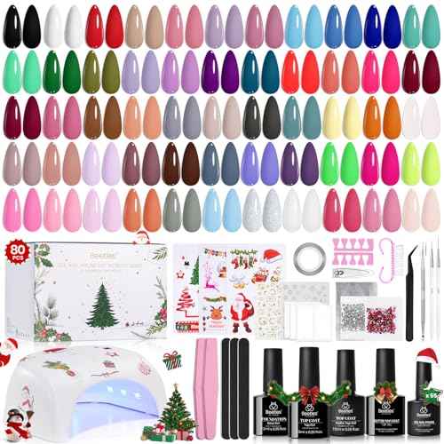 Beetles 82 Pcs Gel Nail Polish Kit with U V Ligh - 55 Color Gel Nail Kit Christmas Gifts for Teens Women Girls Soak Off Color Enchantment Winter Red Nails Art Home Salon Beginner DIY Manicure Set