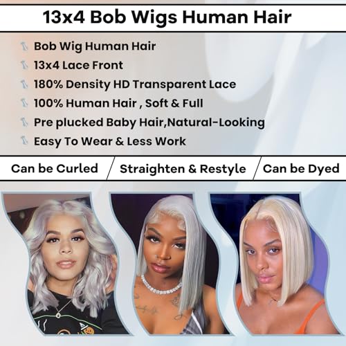Grey Bob Human Hair Wigs 13x4 HD 180% Density Lace Front Wig Human Hair Silver Glueless Wigs Human Hair £¨14in£©