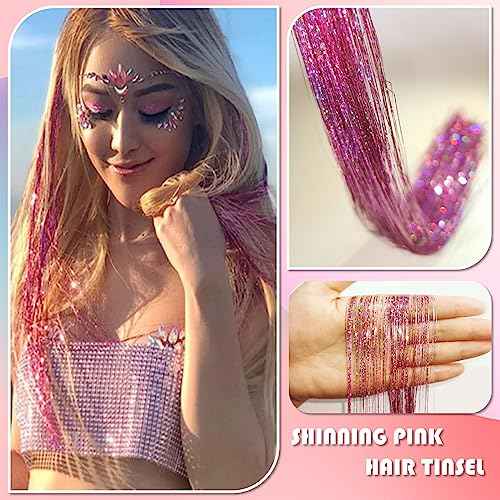 Pink Fairy Hair Tinsel Kit 48 Inches 1200 Strands with Tools and Instruction Easy to Install Glitter Tinsel Hair Extensions for Women and Girls£¬Shinny Sparkling Braiding Hair Accessories for Halloween Cosplay Party