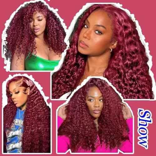 Burgundy Wig Human Hair 13x4 Deep Wave Lace Front Wigs Human Hair Pre Plucked 250% Density 99j Burgundy Lace Frontal Wigs Wet and Wavy Curly Wig for Women (18 Inch)