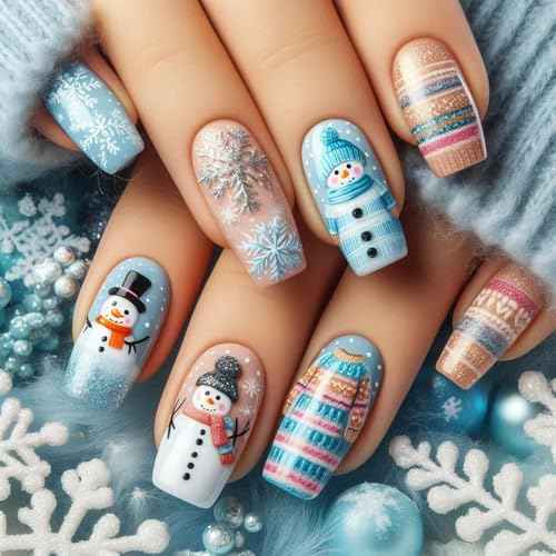 Christmas Press on Nails Medium Square Blue Fake Nails with Snowman Snowflake Designs Cute Winter Nails Press ons Gel Acrylic Glue on Nails Medium Length Holiday Stick on Nails for Women Girls 24Pcs