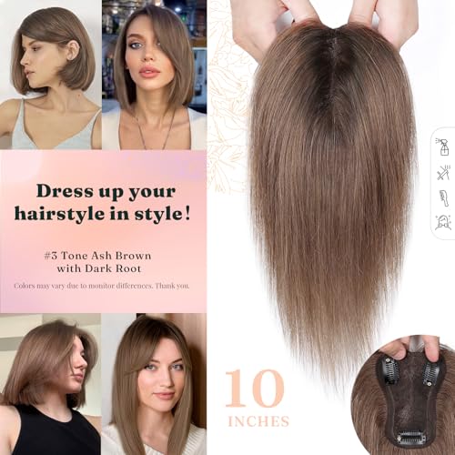 Ash Brown Hair Toppers Real Human Hair for Women with Thinning Hair No Bangs 10 Inch (#3 Tone Ash Brown with Dark Root)