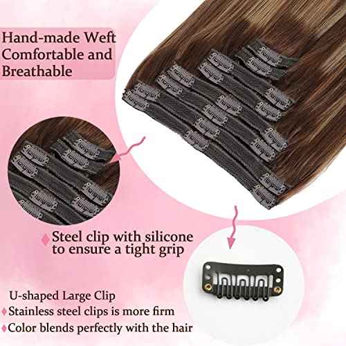 Clip in Hair Extensions Human Hair 120g Real Human Hair Extensions Clip in Balayage Chocolate Brown to Caramel Blonde 8PCS Clip in Straight Remy Hair Extensions (14 inch, 4/27/4)