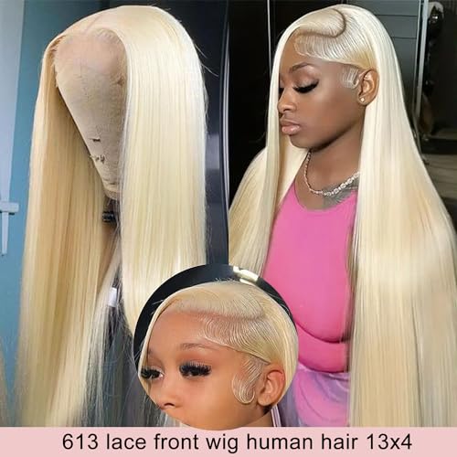 Myecool 613 Lace Front Wig Human Hair 13¡¿4 Straight 613 HD Lace Frontal Human Hair Wigs for Women Pre Plucked Bleached Knots With Baby Hair (22Inch, 150% Density Blonde Wig)
