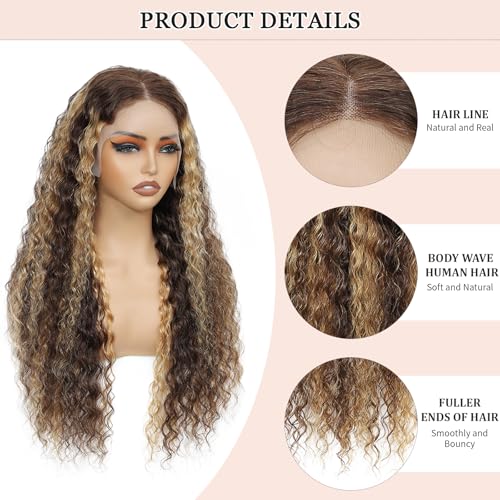 20 Inch Highlight Ombre Deep Wave Lace Front Wigs Human Hair Wig 13x6 Honey Blonde Wig Human Hair HD Glueless Deep Wave Wig 4/27 Colored Wet and Wavy Curly Wig Pre Plucked for Women