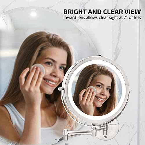 OVENTE Wall Mounted Lighted Makeup Mirror, 9" Double Sided 1X/10X Magnifying Vanity Mirror for Bathroom with LED Lights, Cordless, 360¡Æ Rotation and 13" Extendable Arm, Nickel Brushed MFW85BR1X10X