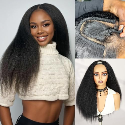 WIGER Kinky Straight U Part Wigs Human Hair Half Wig Natural Color Glueless Thin Leave Out Curly Hair 200% Density 16 Inch kinky Curly Clip in Wigs for Black Women Wear And Go Wig