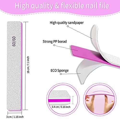 Professional 60/60 Grit Files for Gel and Acrylic Nails - Double Sided Washable Coarse Manicure Tool for Salon