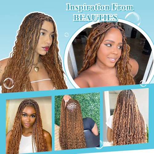 Boho knotless Braided Wigs for Women Boho Braid Wig Full Double Lace Front Bohemian Box Braid Wig with Baby Hair Premium Synthetic Braided Lace Front Wig 36" Mix Brown and Light Brown