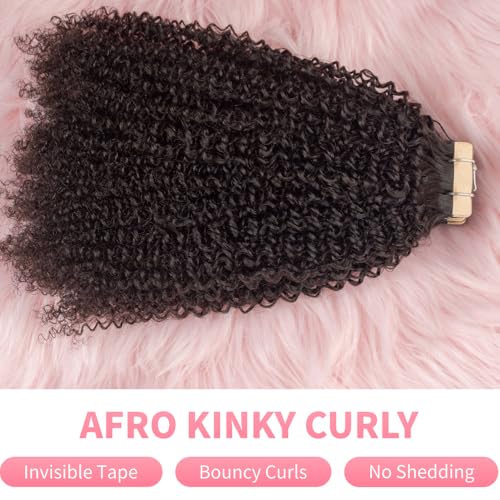 Invisible 4C Afro Kinky Curly Tape in Hair Extensions for Black Women Niawigs Black Color Real Human Hair Tape ins, 40PCS Double Sided PU Skin Weft 16 Inches